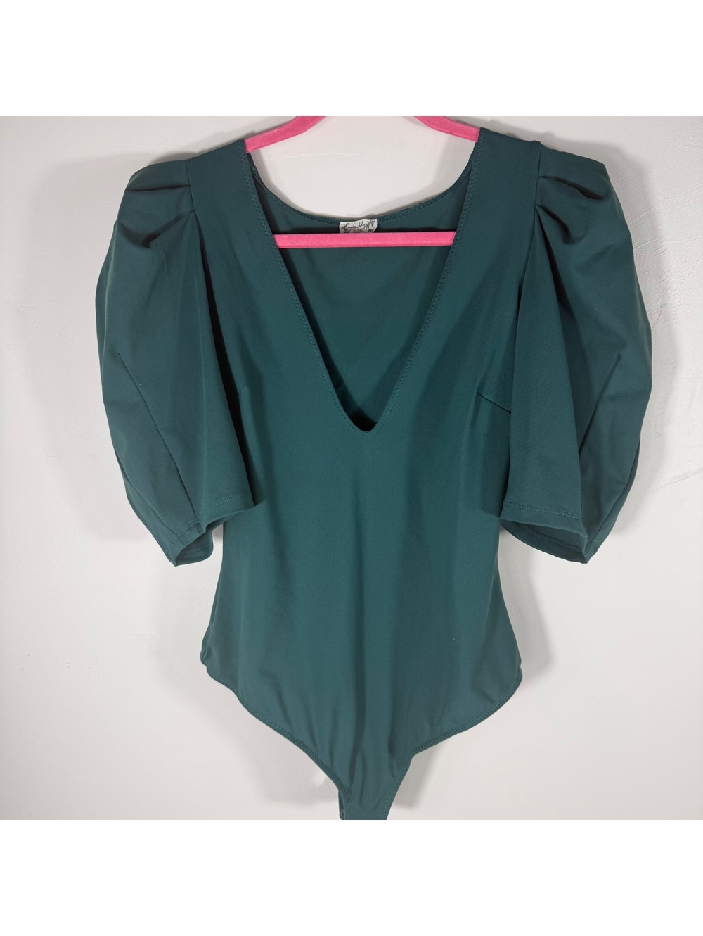 Free People Va Va Voop Bodysuit Emerald Green Puff Sleeve Plunge | medium